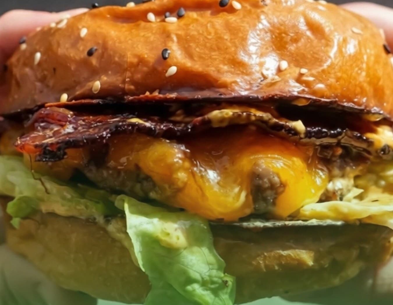 Hambúrguer com bacon e queijo do Relax Burguer, em close-up